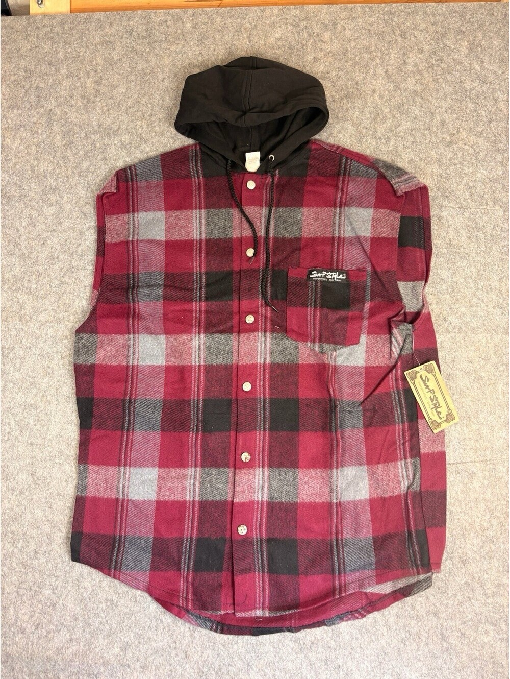 Vintage Surf Style 90s Plaid Flannel Snap Button Sleeveless Hoodie USA L-XL